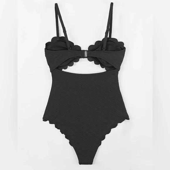 CUPSHE Women's One Piece Swimsuit Sexy Black Cutout Scallop Trim Sz L - Picture 5 of 7